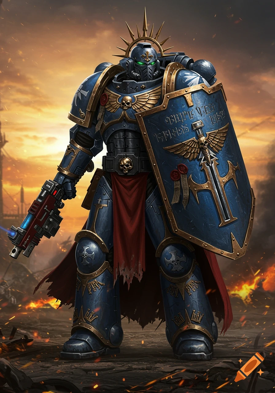 A Warhammer 40k Space Marine in blue and gold power armor, holding a shield and plasma gun, stands on a fiery battlefield at sunset.