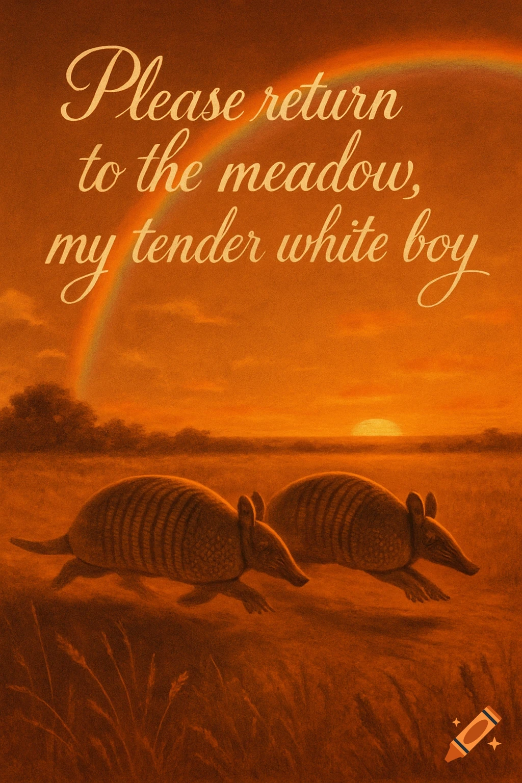 Two armadillos run in a warm-toned field at sunset under a rainbow, with script text 'Please return to the meadow, my tender white boy' overhead.