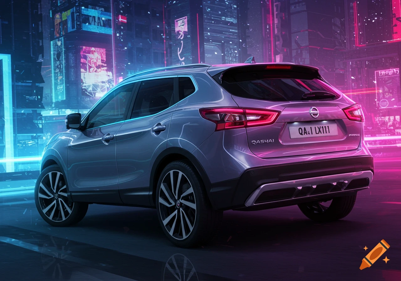 A silver Nissan Qashqai SUV viewed from the rear three-quarter angle, illuminated by neon lights in a futuristic cyberpunk city.
