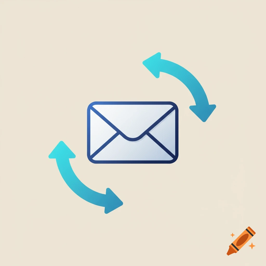 A blue and white email envelope icon with two curved blue arrows circling it, on a light beige background.