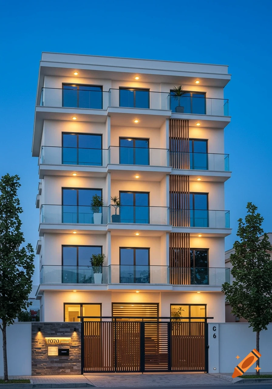 A modern five-story apartment building with balconies, large windows, warm lighting, and a wooden entrance gate at dusk.