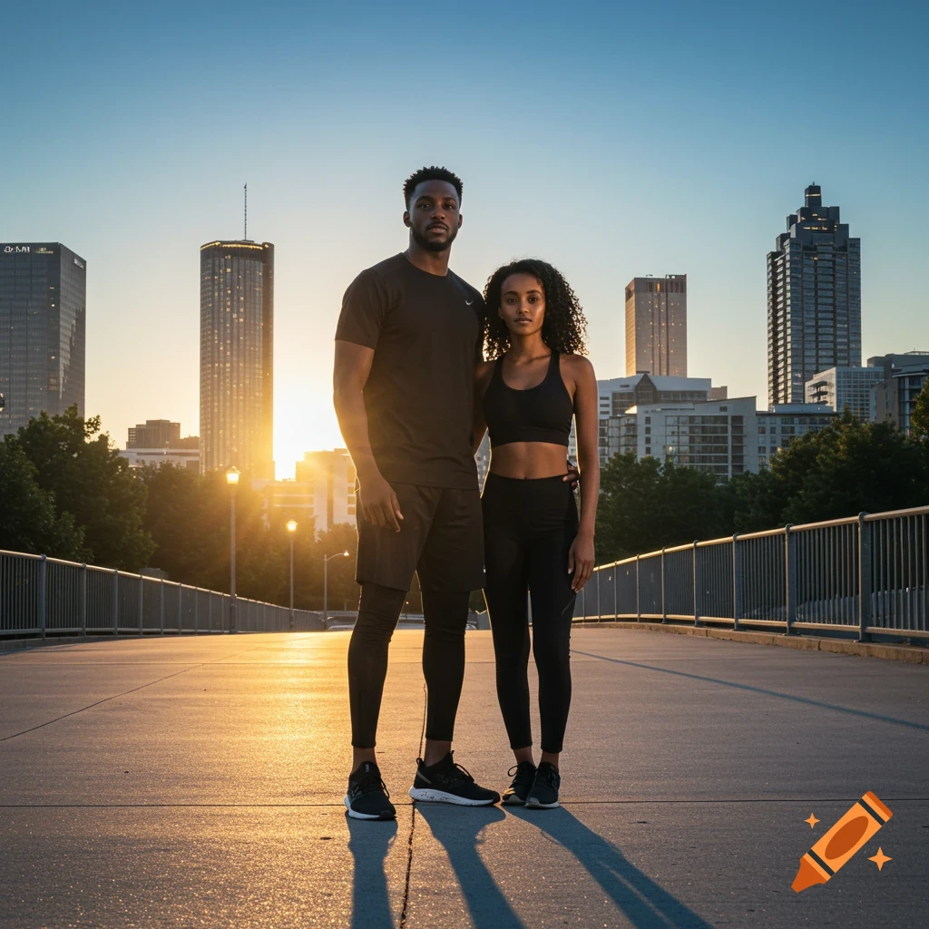 A Black man and an Ethiopian woman in athletic gear pose on a bridge with a city skyline at golden hour.
