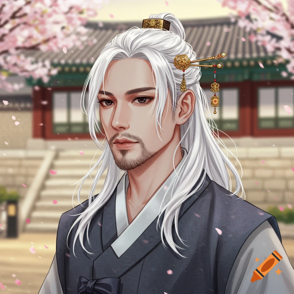 An anime-style portrait of a man with long white hair and a beard, wearing traditional Joseon era clothes, with cherry blossoms in the background.