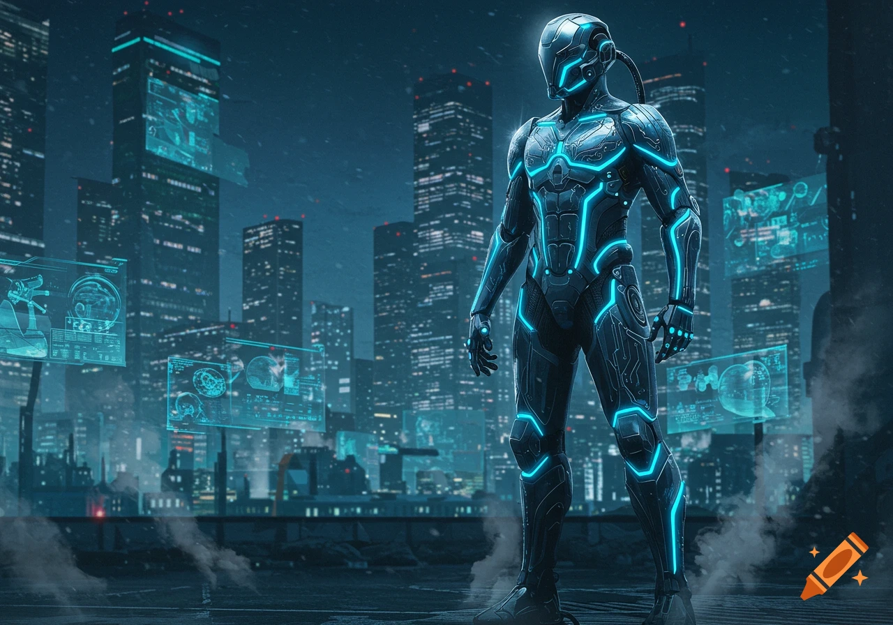 A futuristic armored figure with glowing blue lines stands on a rooftop overlooking a neon-lit cyberpunk city at night.