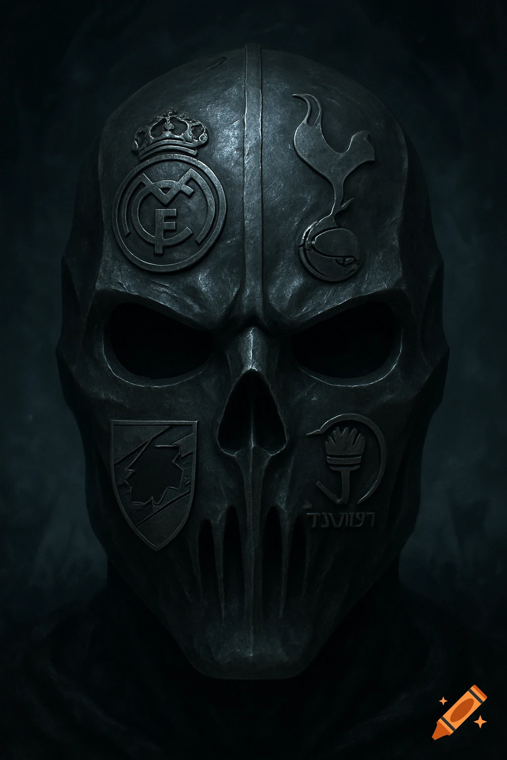 A dark, metallic, skull-like mask with four football club logos embossed on its surface in a horror-style art rendering.