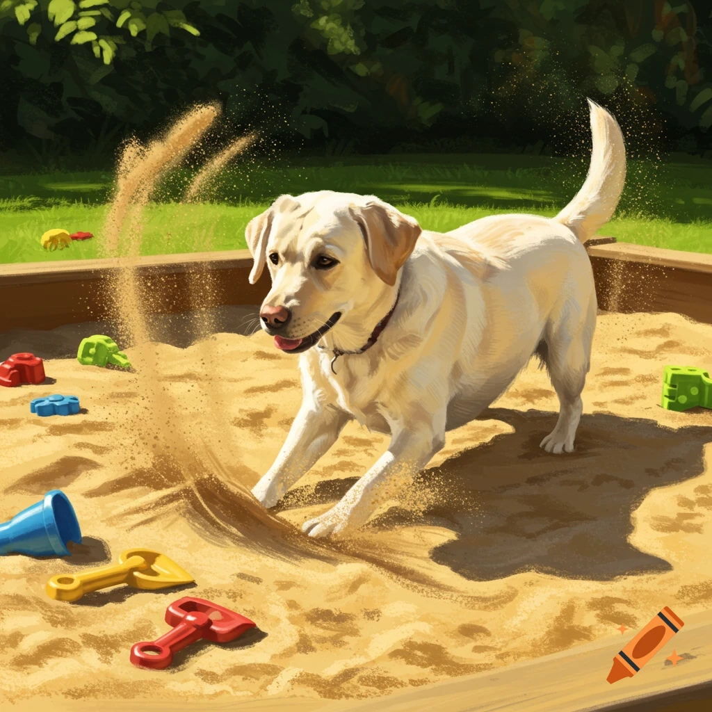 A white Labrador retriever happily digs in a sandbox, surrounded by colorful plastic toys, in a sunny outdoor setting.