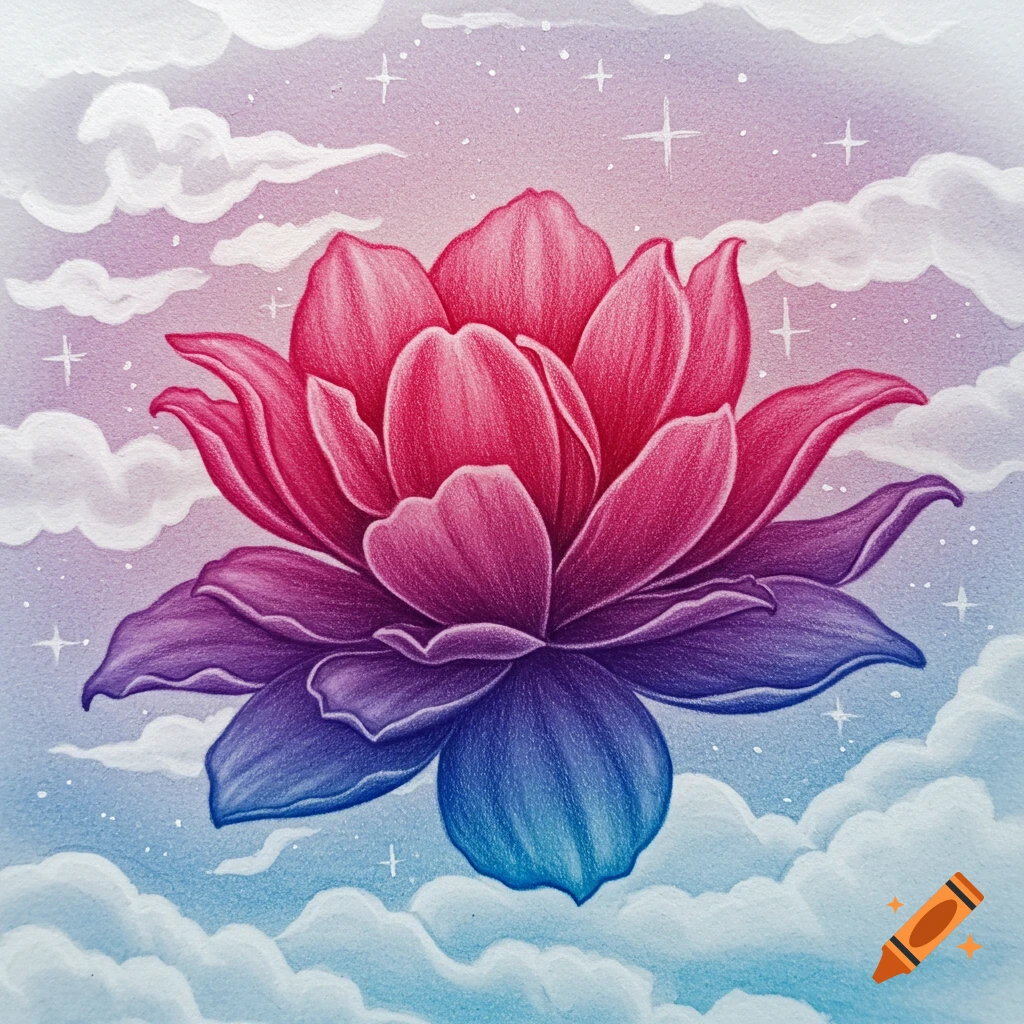 A vivid red, purple, and blue gradient lotus flower floats amidst soft white clouds and sparkling stars, in a pencil art style.