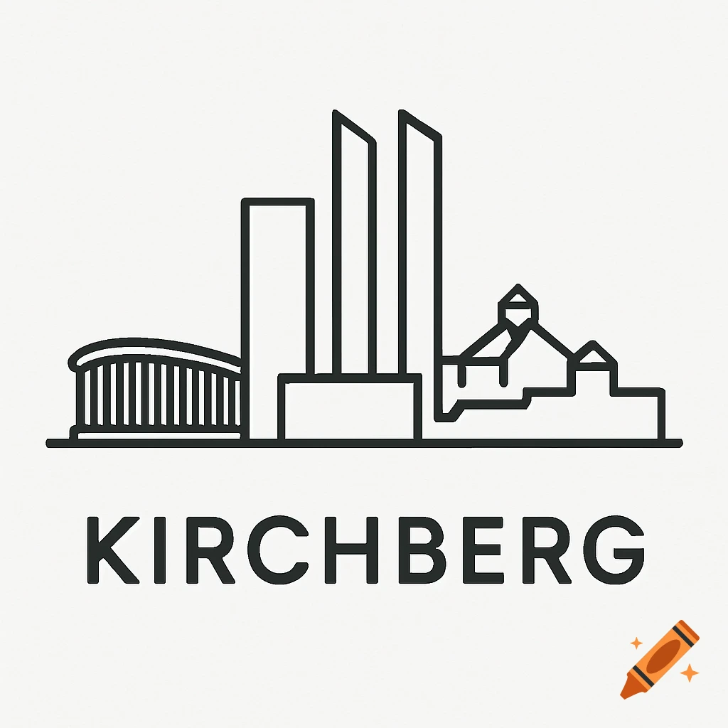 A minimalist black outline silhouette of a city skyline with various buildings, including skyscrapers and a curved structure, with the word "KIRCHBERG" written below.