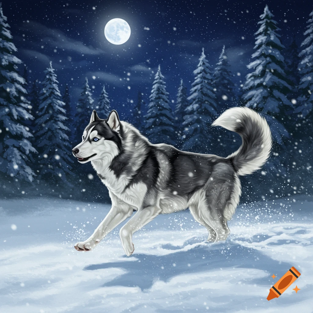 A black and white husky runs through a snowy forest at night under a full moon with falling snow.