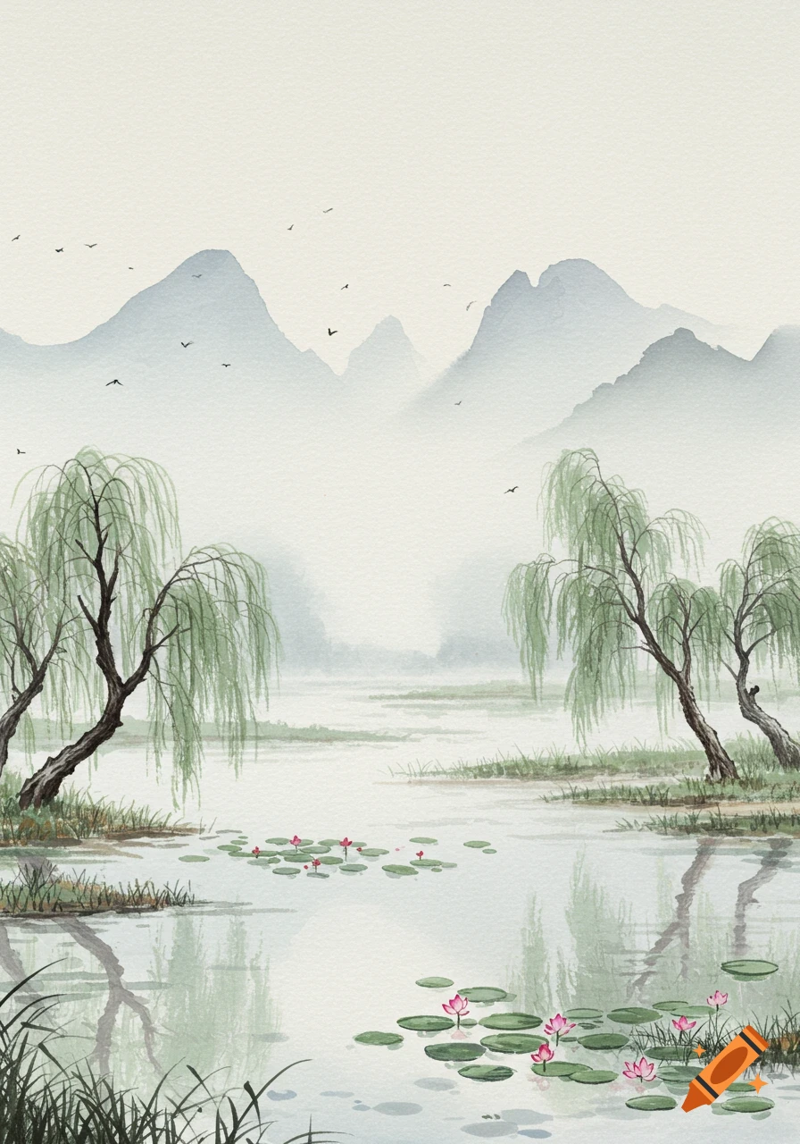 Misty Chinese watercolor landscape with mountains, a lake, weeping willow trees, and pink lotus flowers.