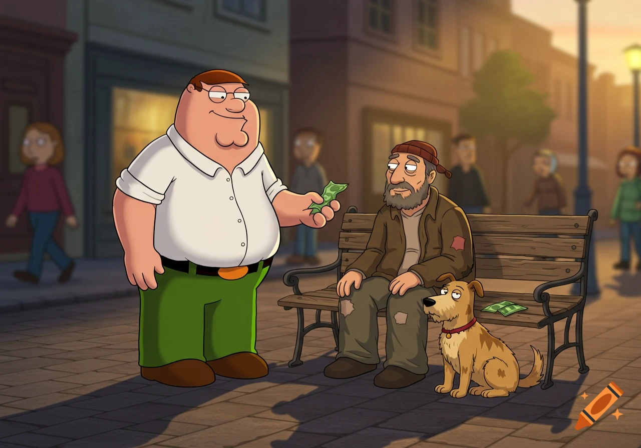 Peter Griffin gives money to a homeless man and his dog sitting on a bench in a cartoon street scene at dusk.