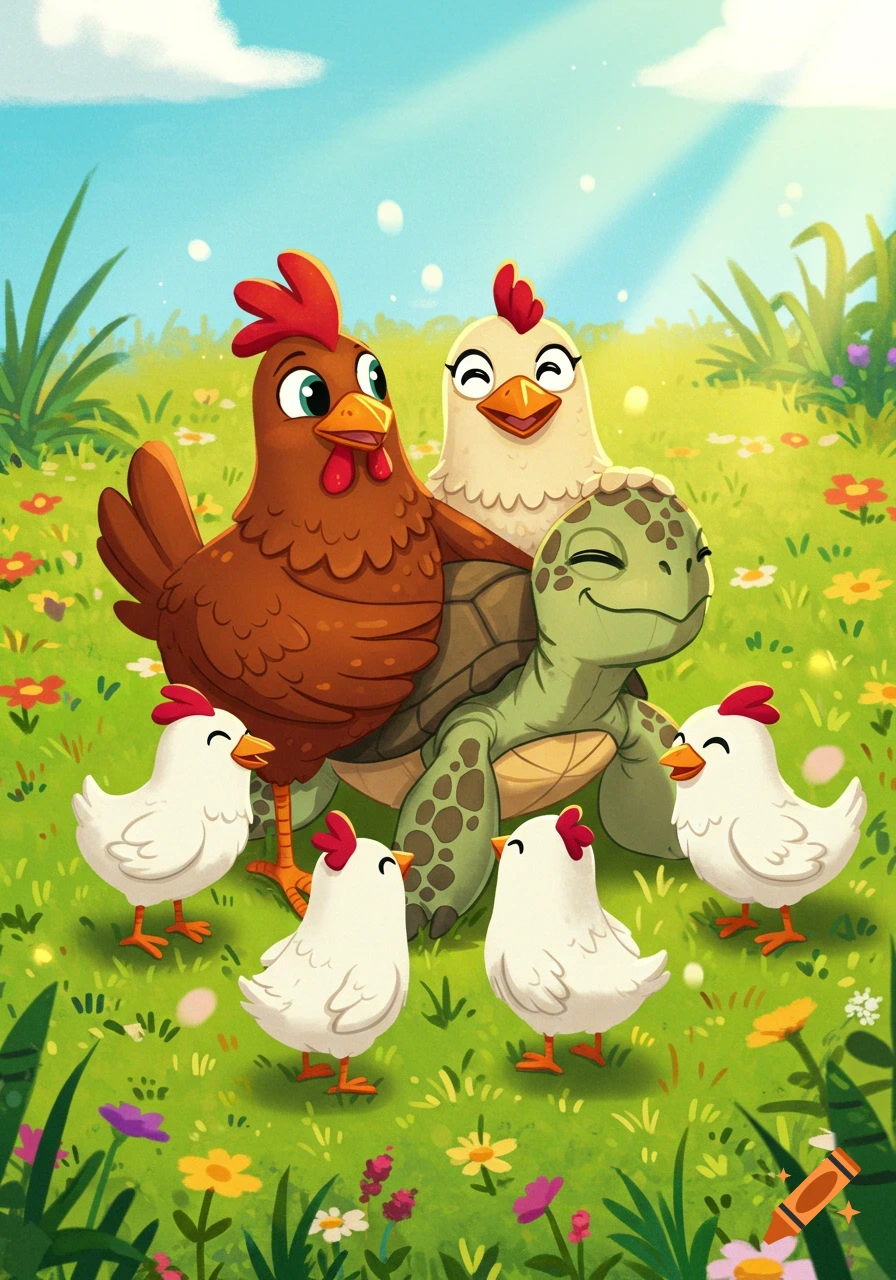 A cartoon brown hen, a white hen, and a turtle hug, surrounded by four white chicks in a sunny, green field with flowers.