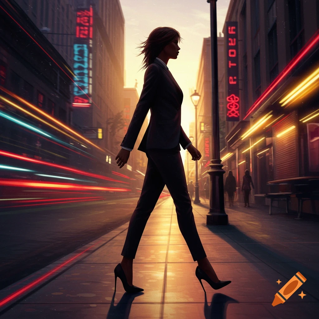 A silhouetted woman in a suit and high heels strides across a city street at sunset, with blurred neon lights.