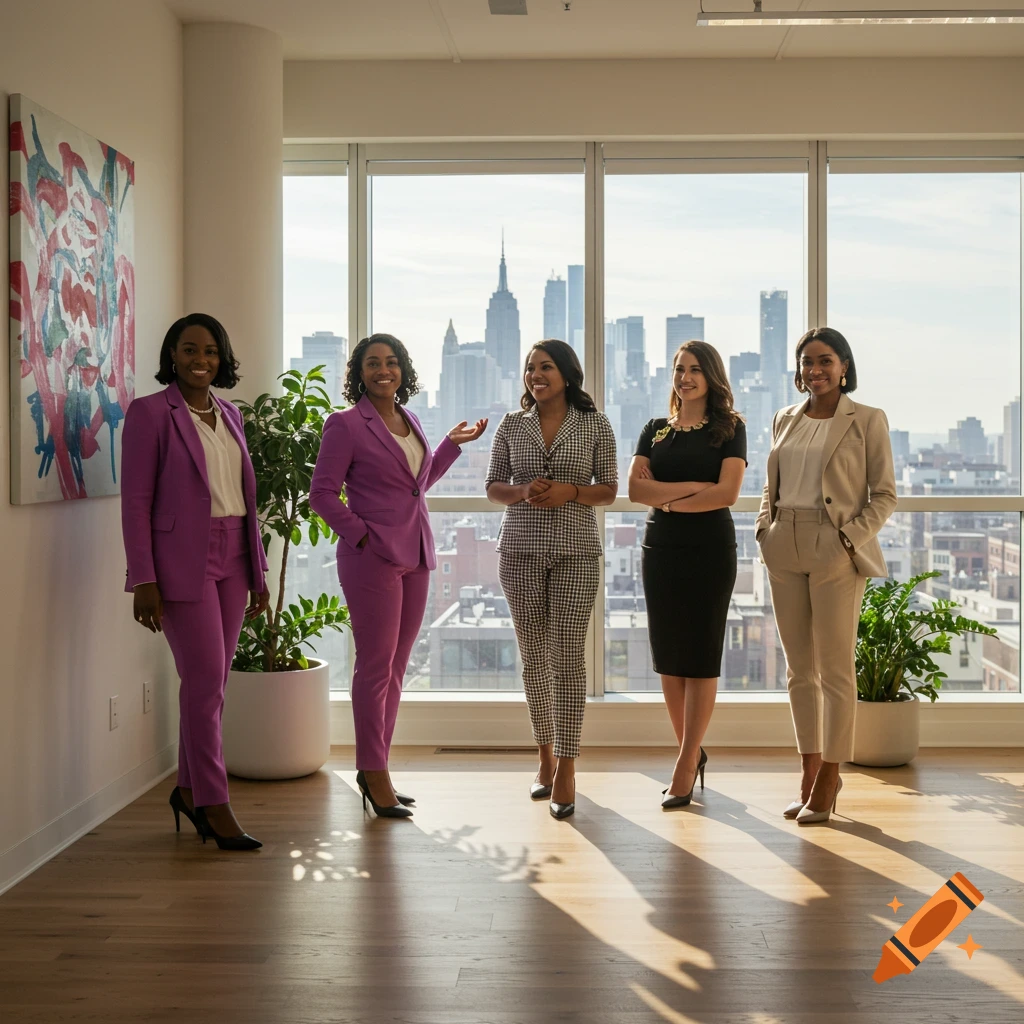 Five professional women in suits stand in a modern office with a city skyline visible through large windows.