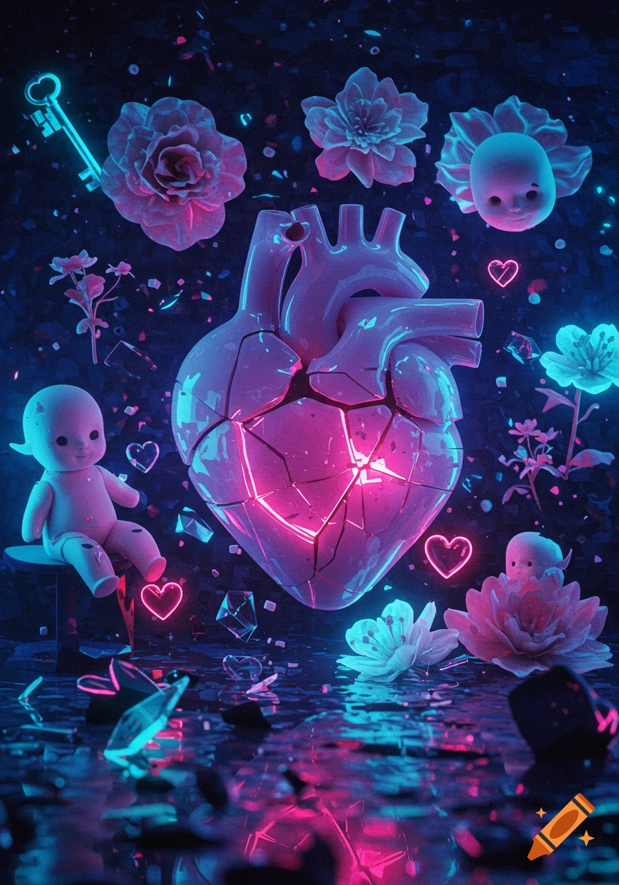 A glowing, cracked neon pink plastic heart surrounded by dolls, flowers, keys, and shimmering shards, all reflecting in a dark, watery surface with neon blue and pink lights.