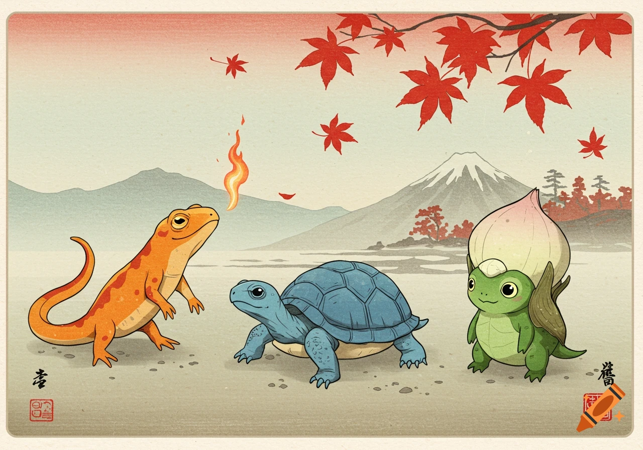 Three Pokémon (Charmander, Squirtle, Bulbasaur) in a traditional Japanese ukiyo-e landscape with Mount Fuji and maple leaves.