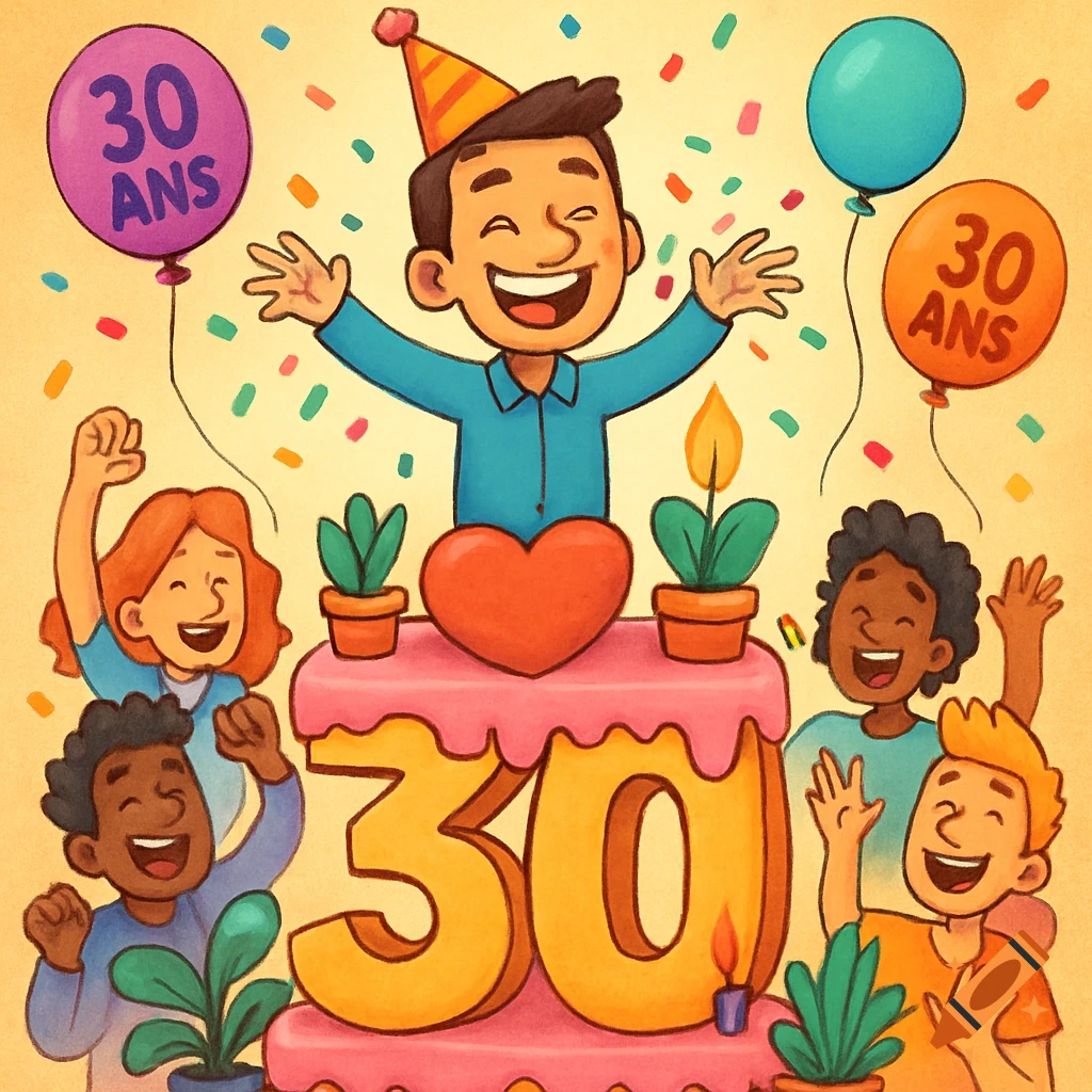A colorful cartoon illustration of friends celebrating a 30th birthday, with a man in a party hat on a giant '30' cake, surrounded by balloons and confetti.