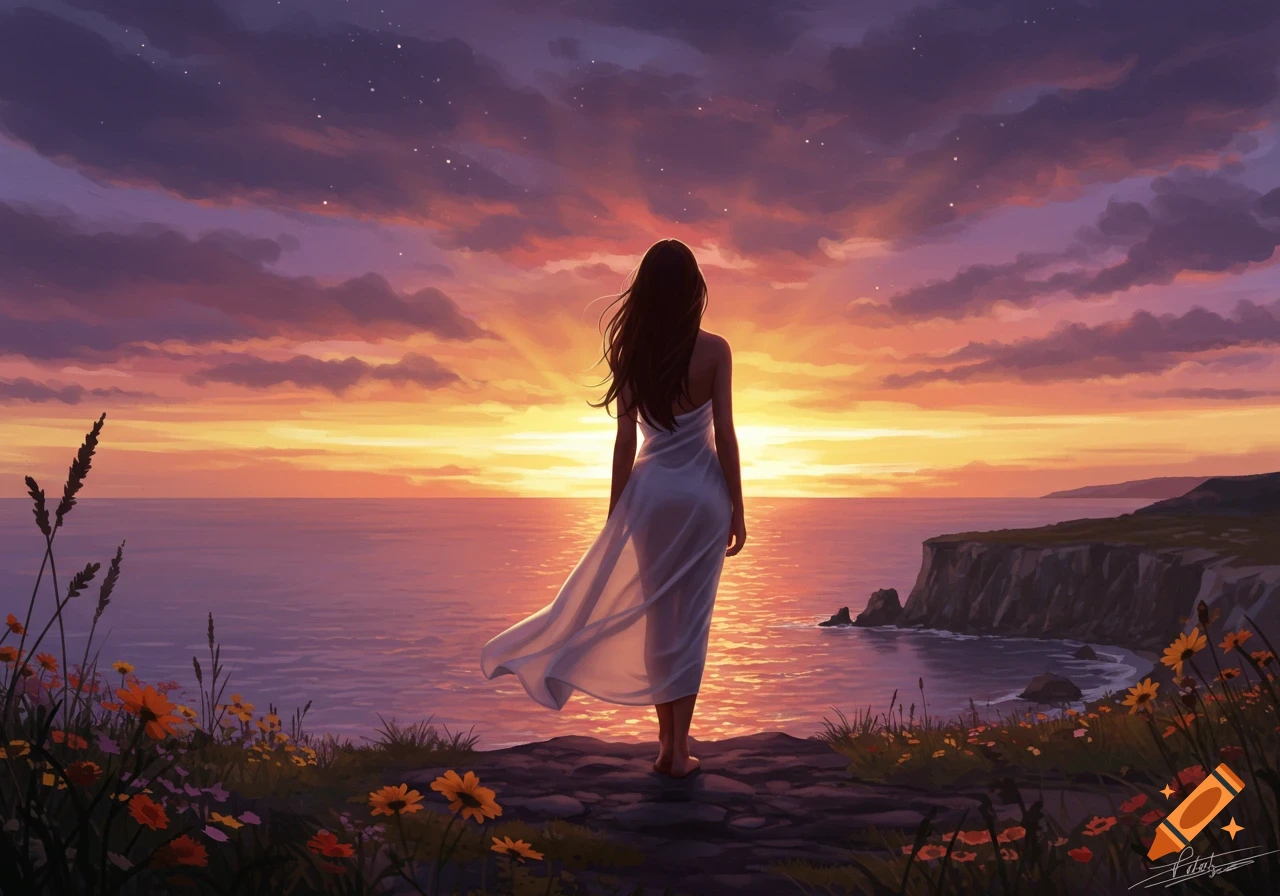 A digital painting of a woman in a flowing white dress standing on a cliff overlooking a vibrant sunset over the ocean.
