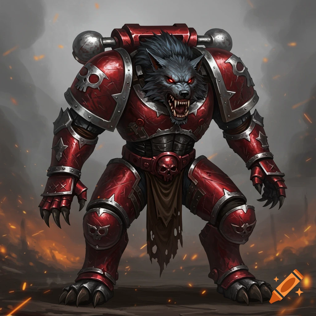 Fierce Warhammer 40k wolf warrior in red and silver armor with glowing red eyes in a battle-ready pose.