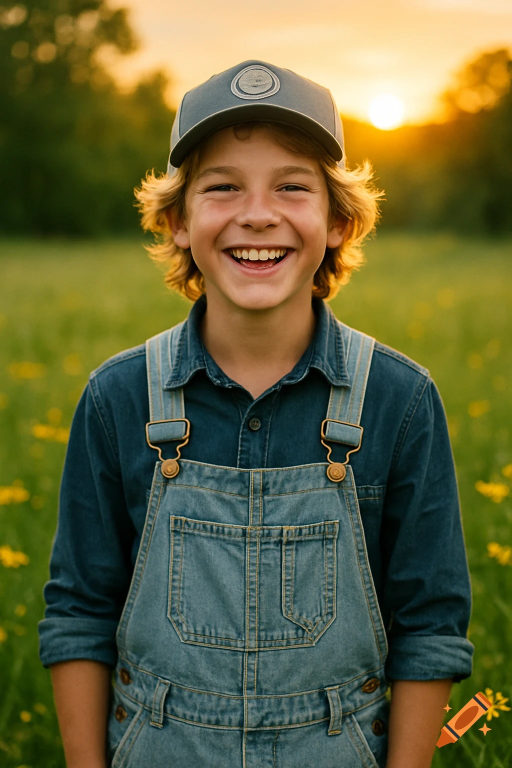 A smiling boy in a cap and overalls stands in a green meadow with yellow wildflowers, bathed in golden sunset light.
