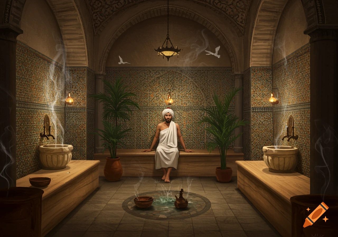 A man in white robes sits on a bench in a lavish, tiled hammam with steam rising from water features.