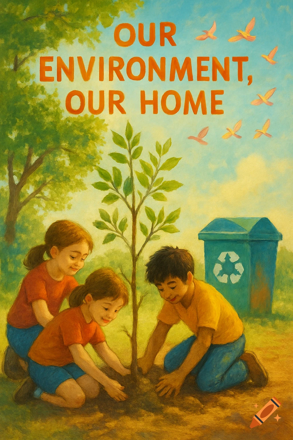 Three children plant a young tree outdoors near a recycling bin under a sky with birds. Text reads "OUR ENVIRONMENT, OUR HOME".