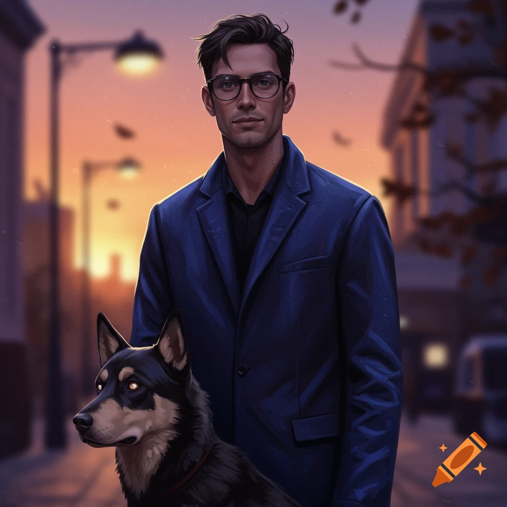 A stylish man with glasses and a black and tan dog stand on a city street at sunset, digital art.