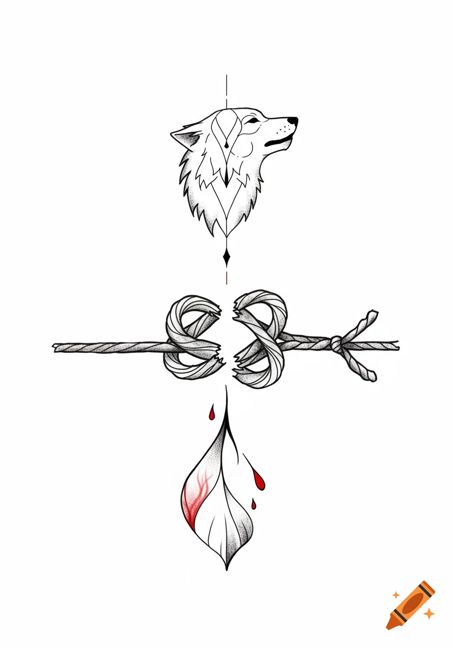 Minimalist black and white tattoo design of a wolf head above a broken knot and a bleeding leaf.