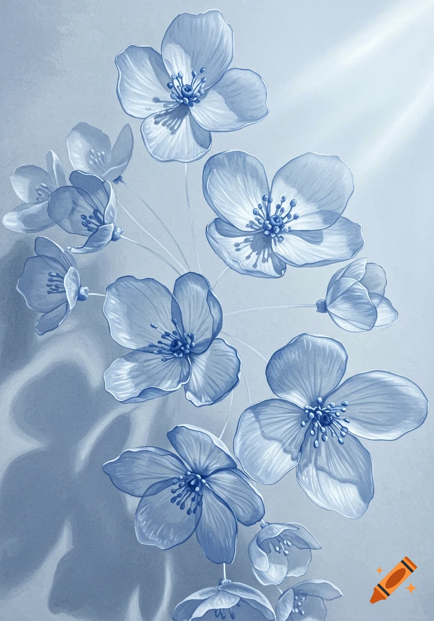 Light blue transparent flowers with stamens and soft shadows, bathed in light rays, in a watercolor illustration style.