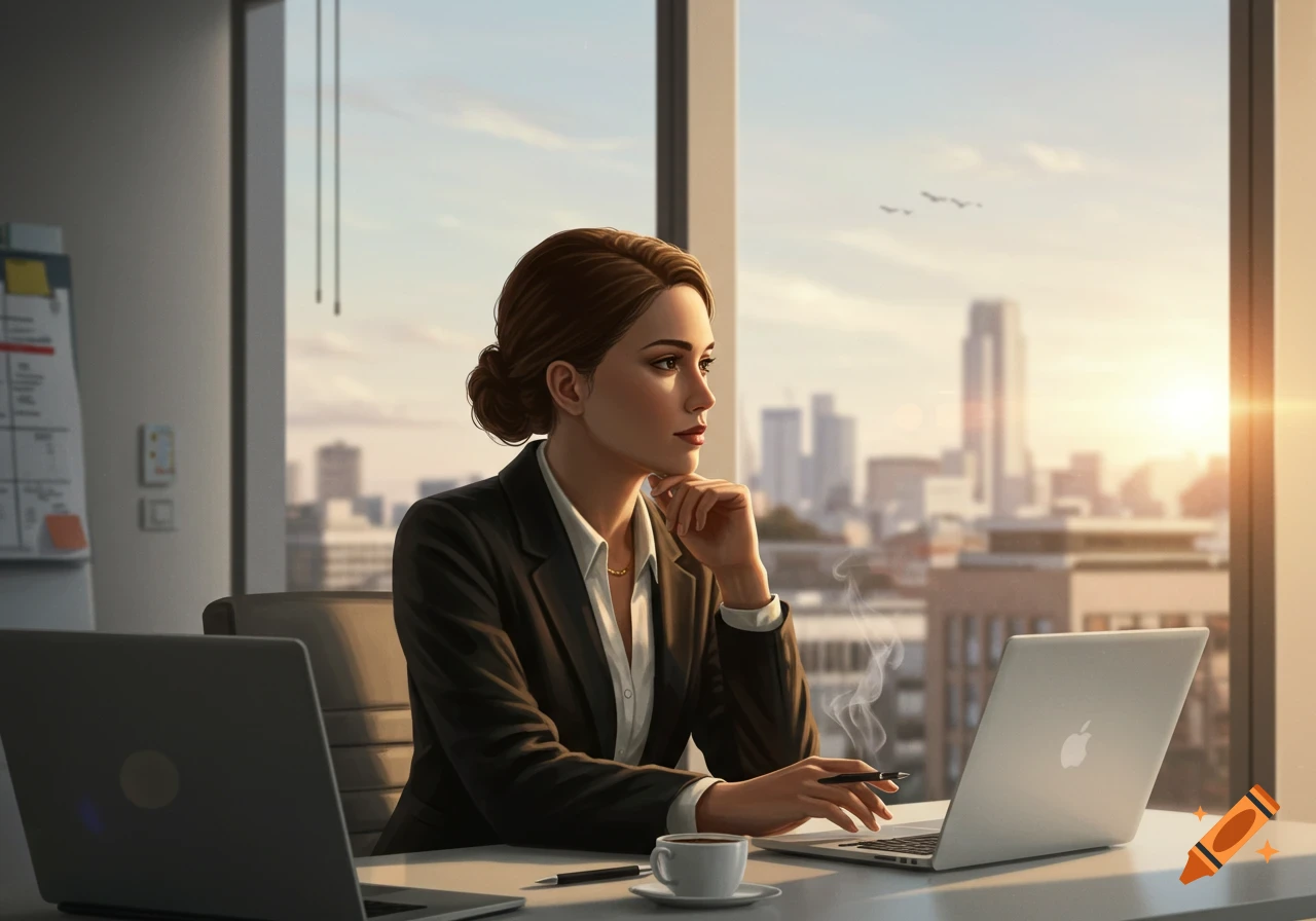 A thoughtful businesswoman looks out her office window at a city skyline at sunrise, with laptops and coffee on her desk.