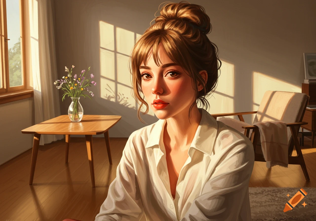 Digital painting of a young woman with hair in a bun, wearing a white shirt, sitting in a sunlit room with flowers.