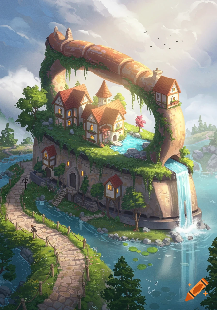 A whimsical village built on a giant iron handle, featuring houses, rivers, and waterfalls amidst a lush landscape in an illustration.