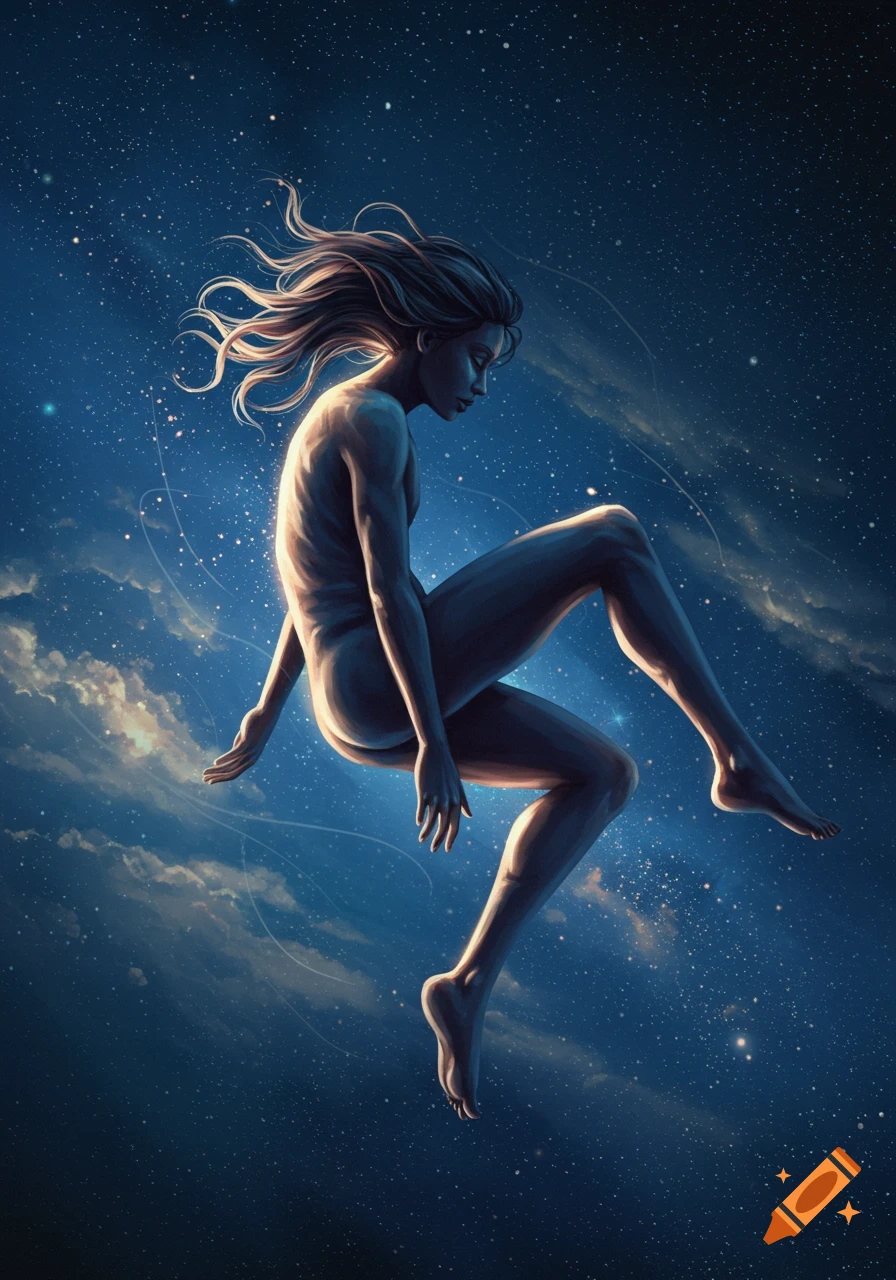 A stylized nude figure with flowing hair floats gracefully in a fetal-like position against a dark blue starry sky with soft clouds.