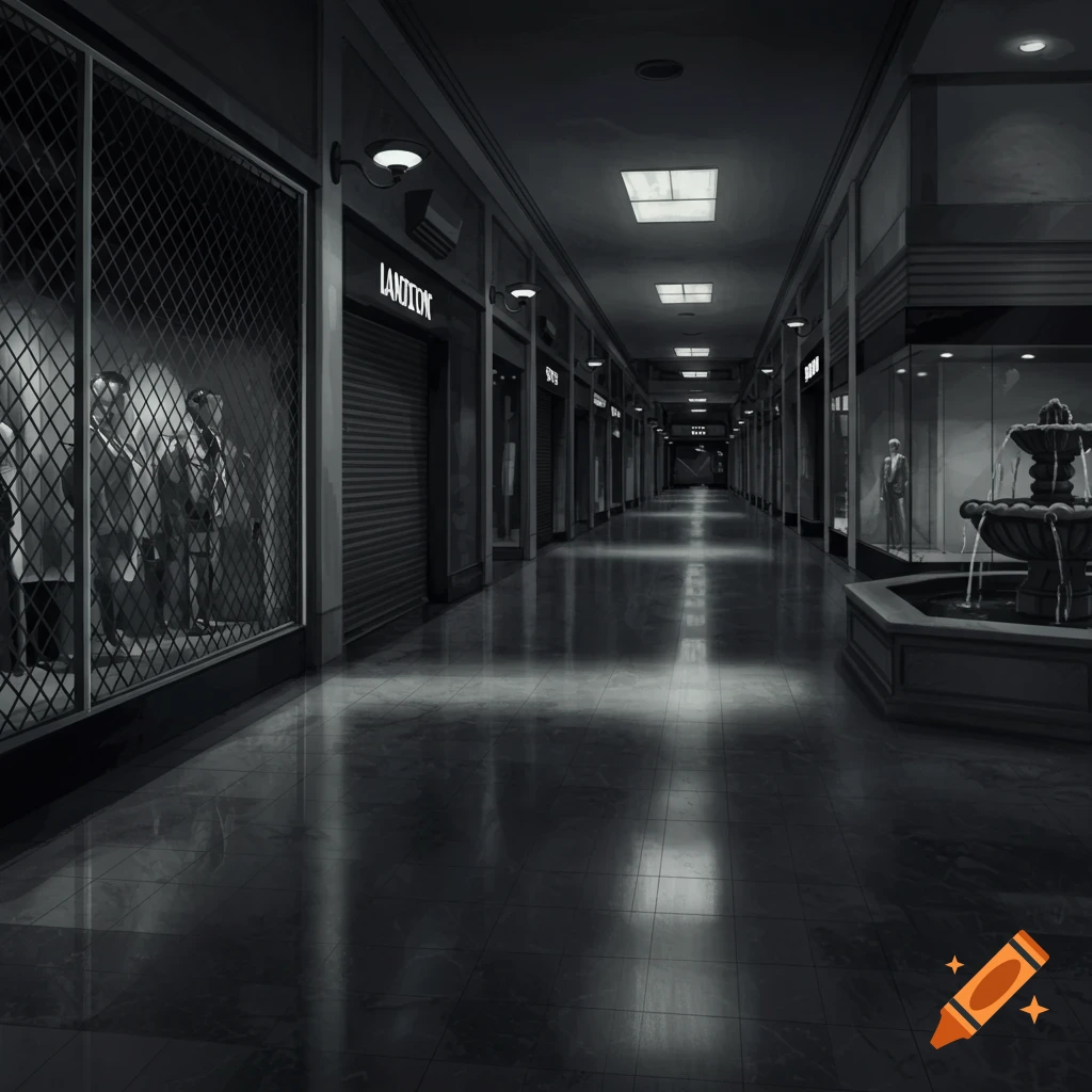 A dimly lit, empty mall corridor after closing, with closed shops, mannequins, and a fountain, rendered in grayscale.