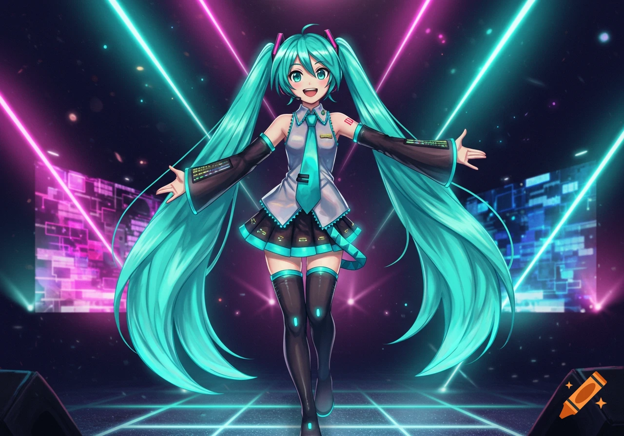 Hatsune Miku with long turquoise pigtails stands on a stage bathed in neon pink and cyan lights, arms outstretched.