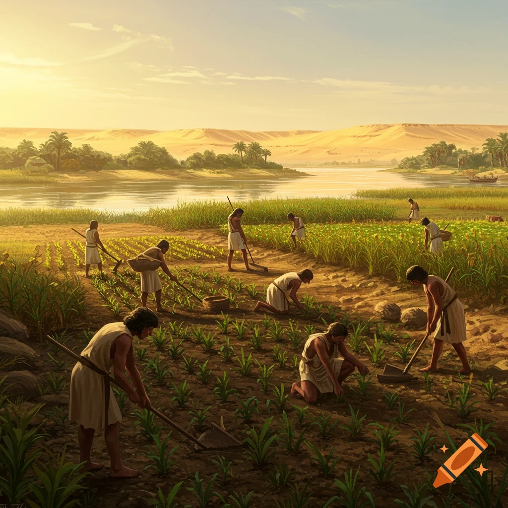 Historical illustration of ancient farmers working fields next to a river, with desert dunes and palm trees under a sunny sky.
