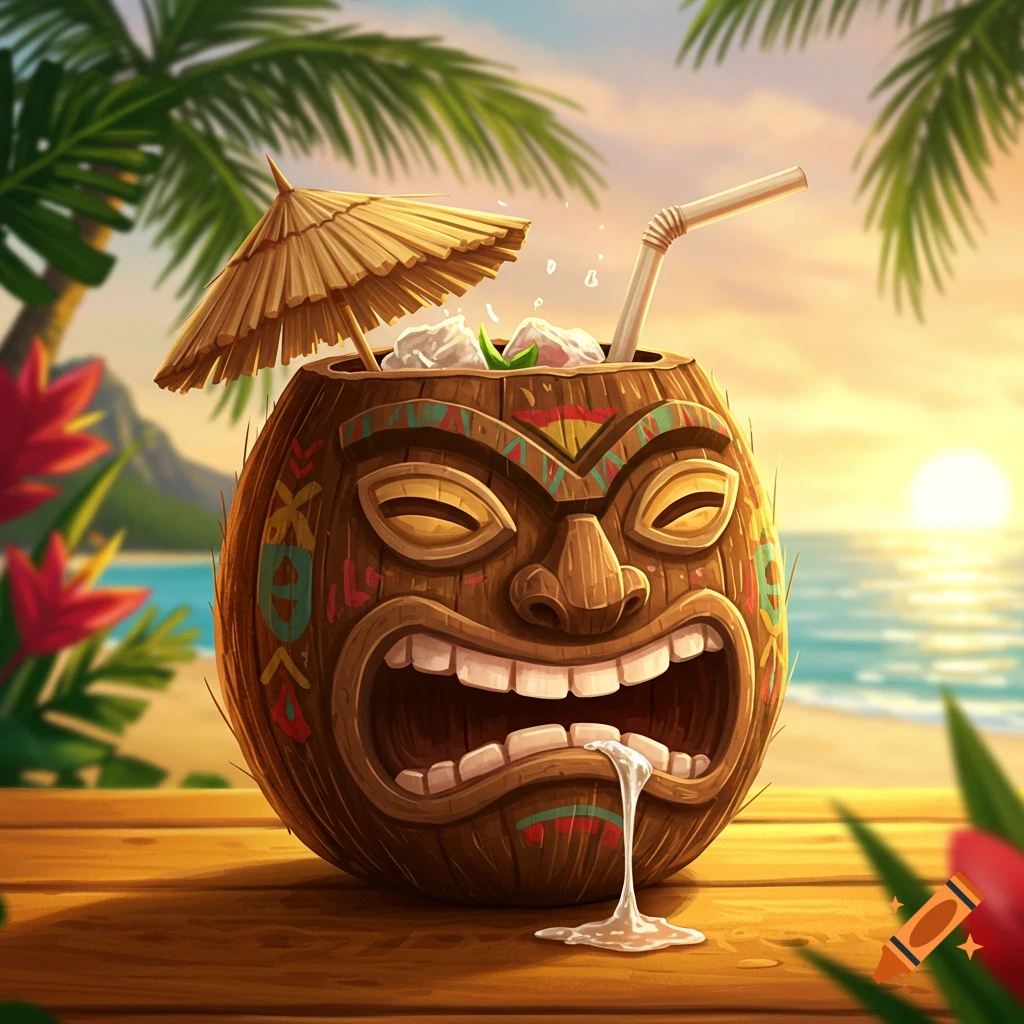 Cartoon tiki cup with a crazy face, filled with a drink, straw, and umbrella, on a wooden table at a tropical beach sunset.