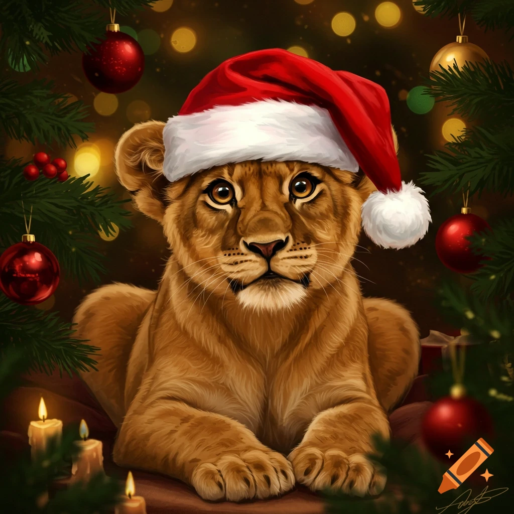 Illustrated lion cub wearing a Santa hat, lying amidst Christmas tree branches, red ornaments, glowing lights, and candles.