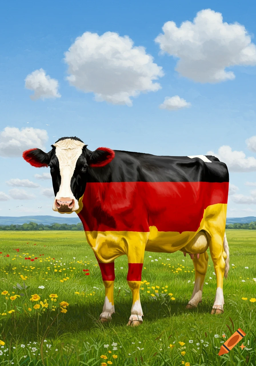 A black, red, and yellow cow, painted like the German flag, stands in a green field under a blue sky.