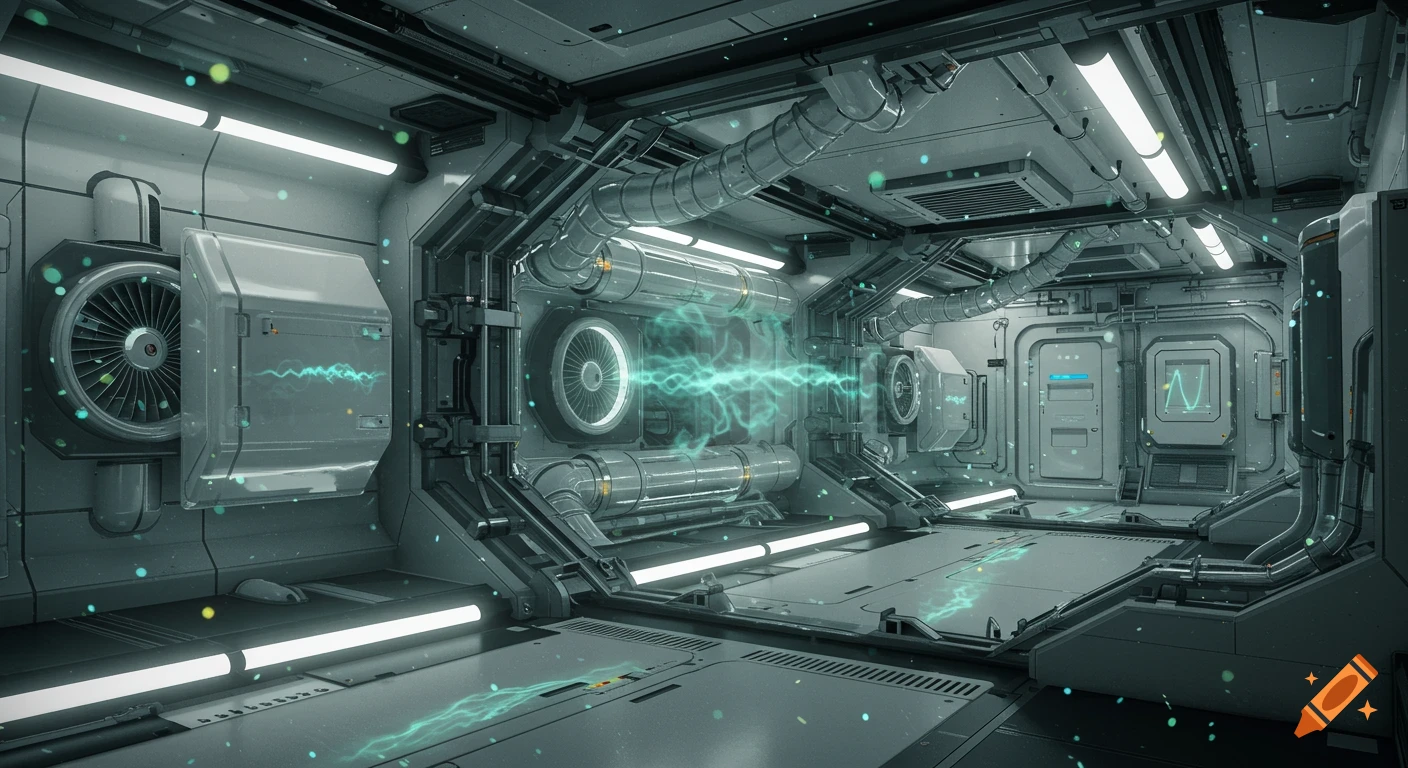 A sleek, futuristic space station interior featuring advanced air circulation, glowing modules, pipes, and shimmering green energy fields.