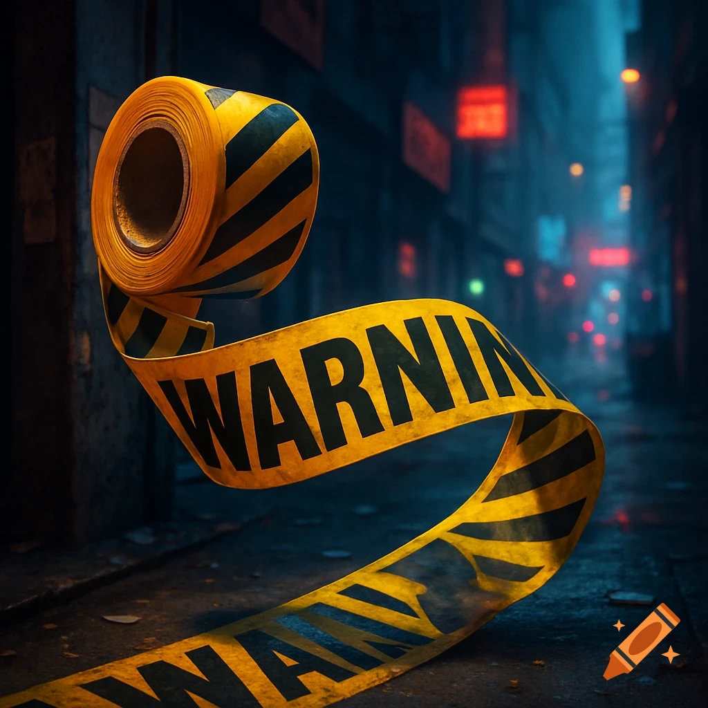 A roll of yellow and black striped warning tape unfurls through a dark, wet urban alleyway, with the word 'WARNING' visible.