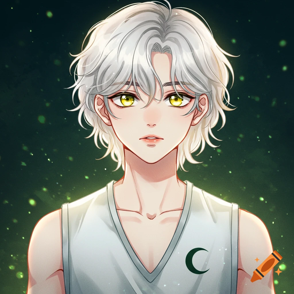 Close-up of an anime man with short white wavy hair, golden eyes, and a white v-neck vest with a dark green crescent moon design, against a dark green glowing background.