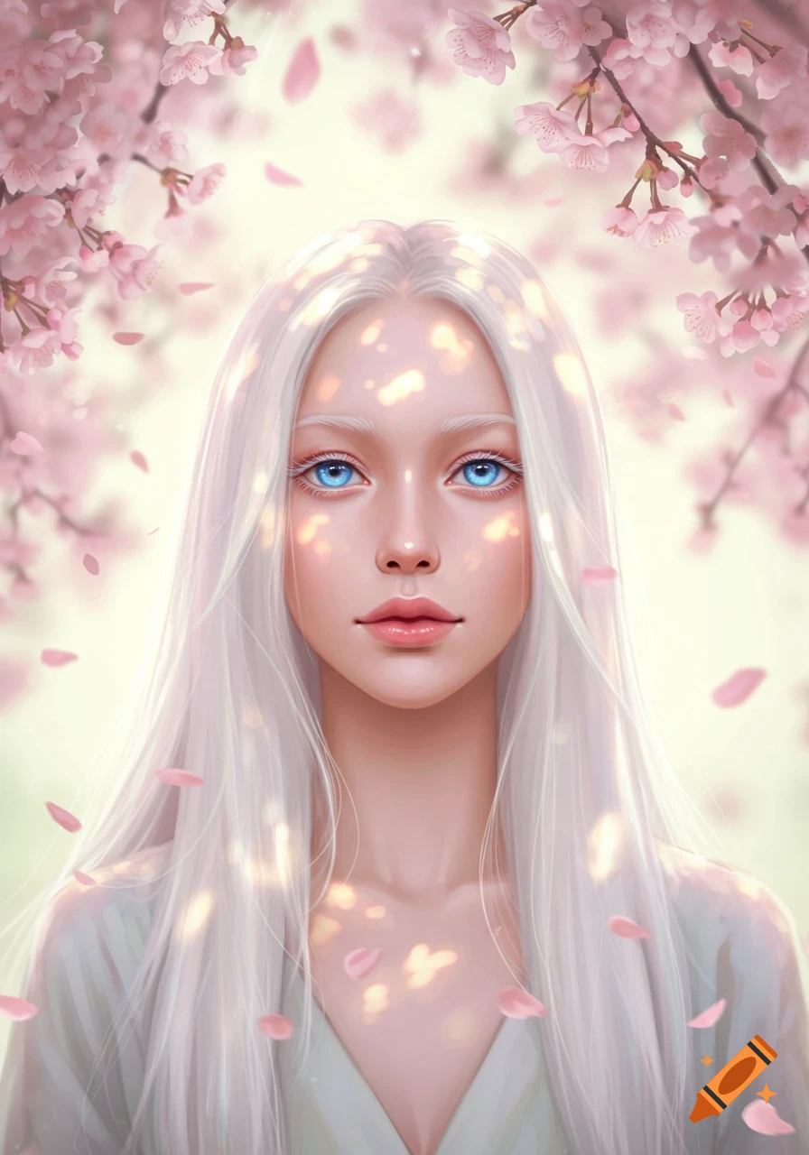 Realistic portrait of a young woman with long white hair and bright blue eyes, surrounded by pink cherry blossoms and falling petals.