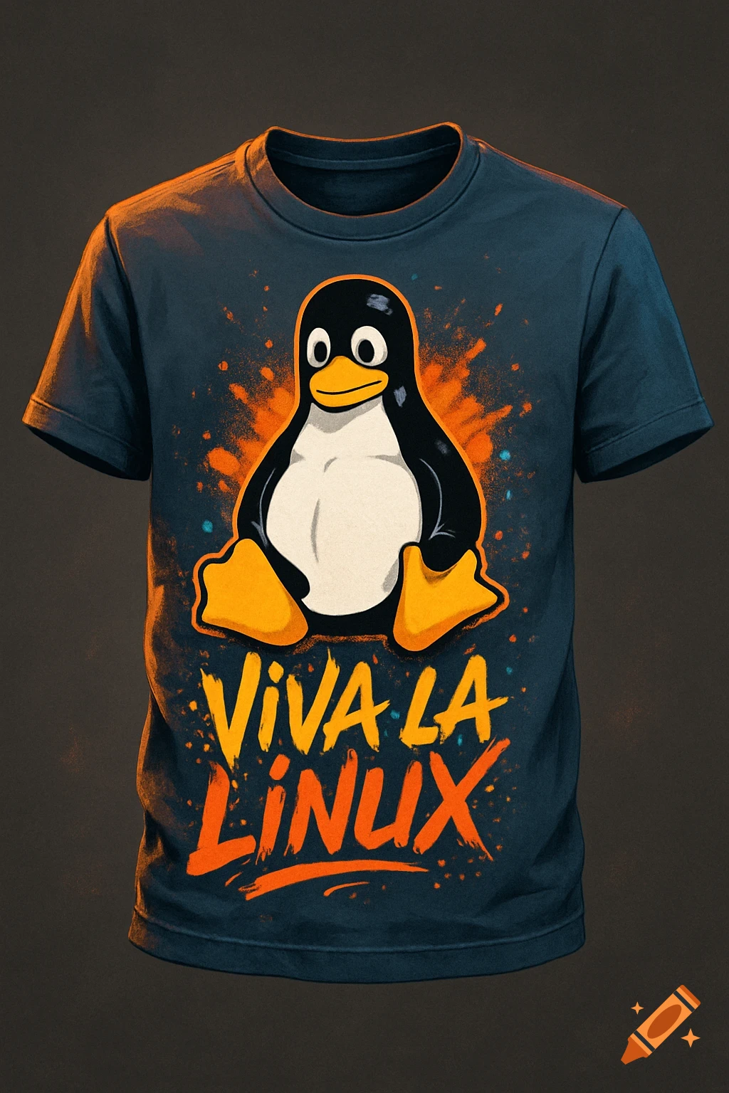 Dark blue t-shirt featuring a cartoon penguin with orange and yellow paint splatters and text saying "VIVA LA LINUX".