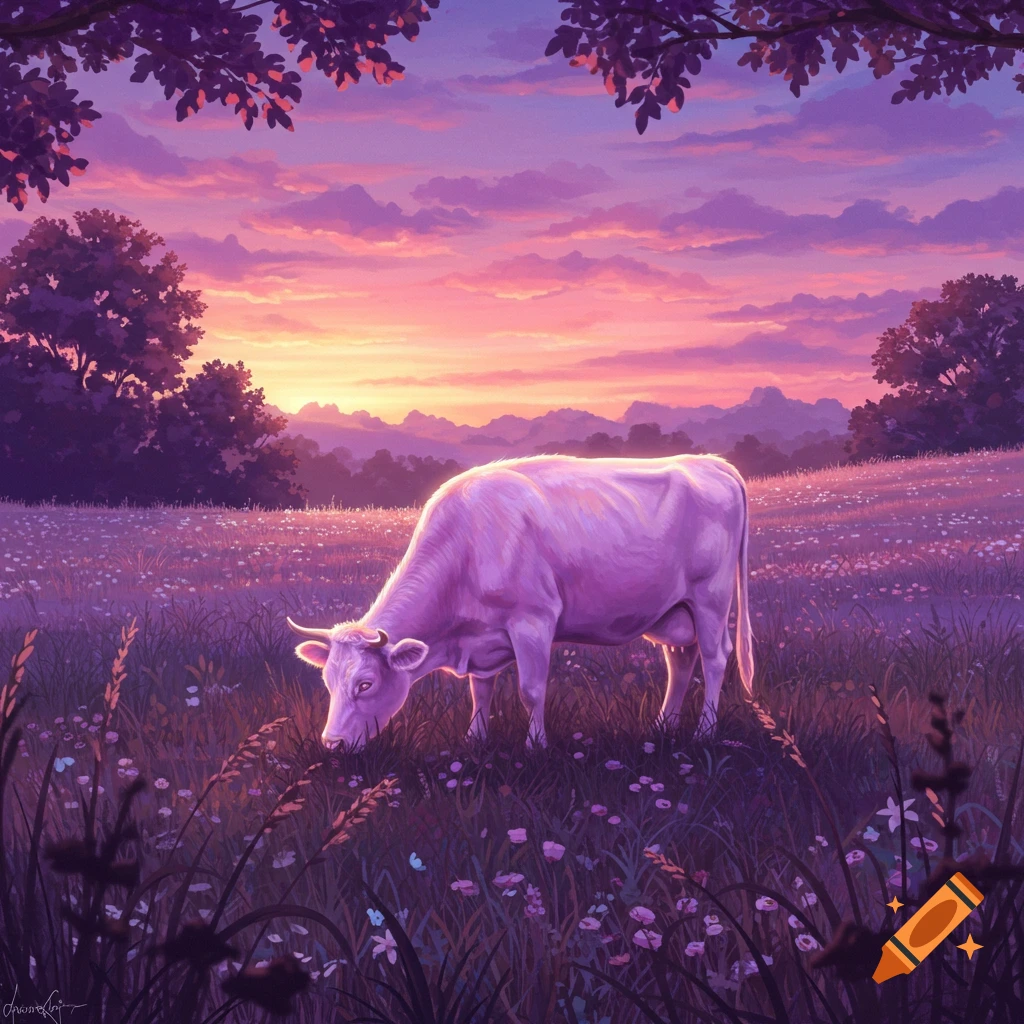 A glowing white cow grazes in a vibrant purple field under a pink and orange sunset sky, with trees framing the scene.
