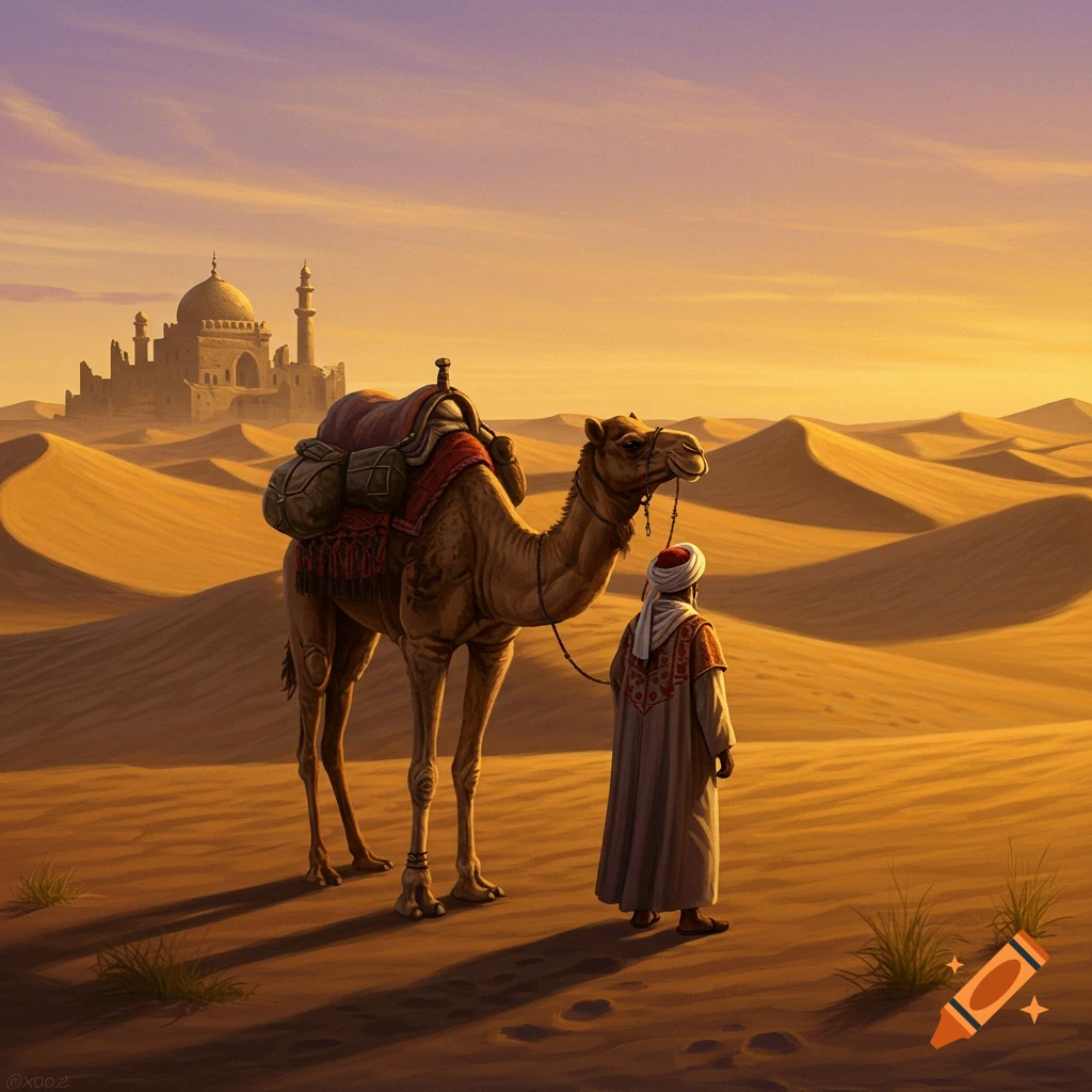 A robed merchant leads a packed camel through a vast desert at sunset, with an ancient domed city in the distance.