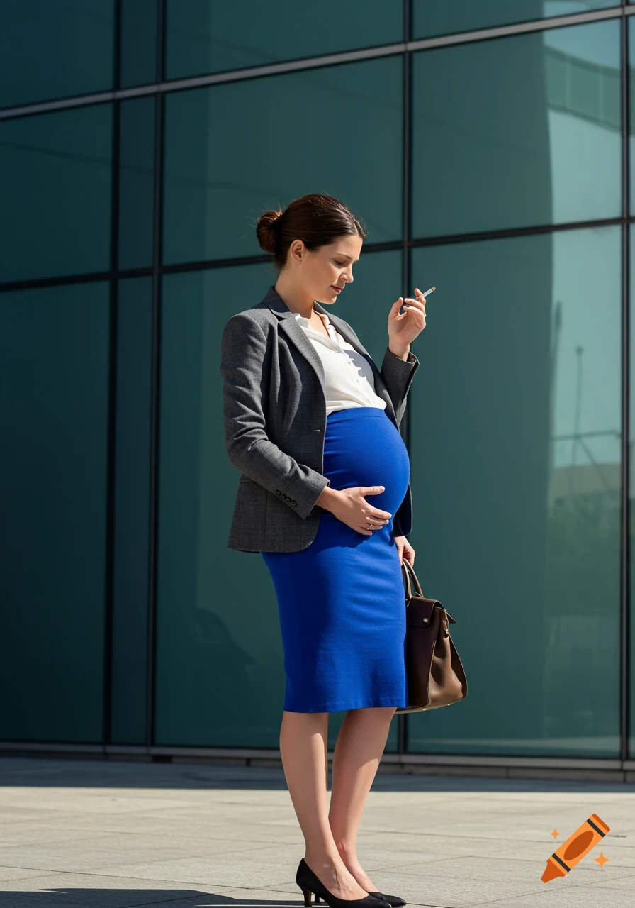 Photorealistic image of a pregnant businesswoman in a blue skirt and grey blazer, smoking outside a modern office building on a sunny day.