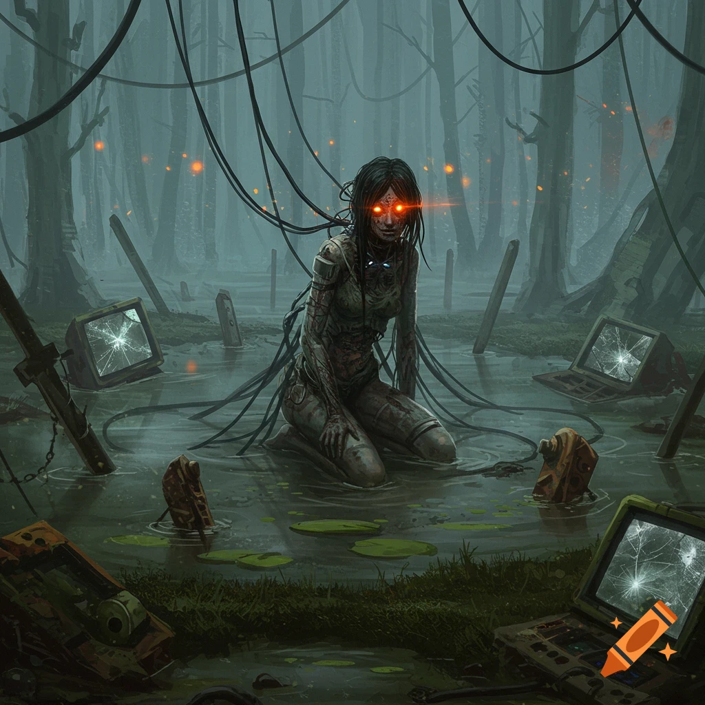 A gaunt, cyborg-like person with glowing orange eyes kneels in a misty swamp, surrounded by discarded tech and connected by wires.