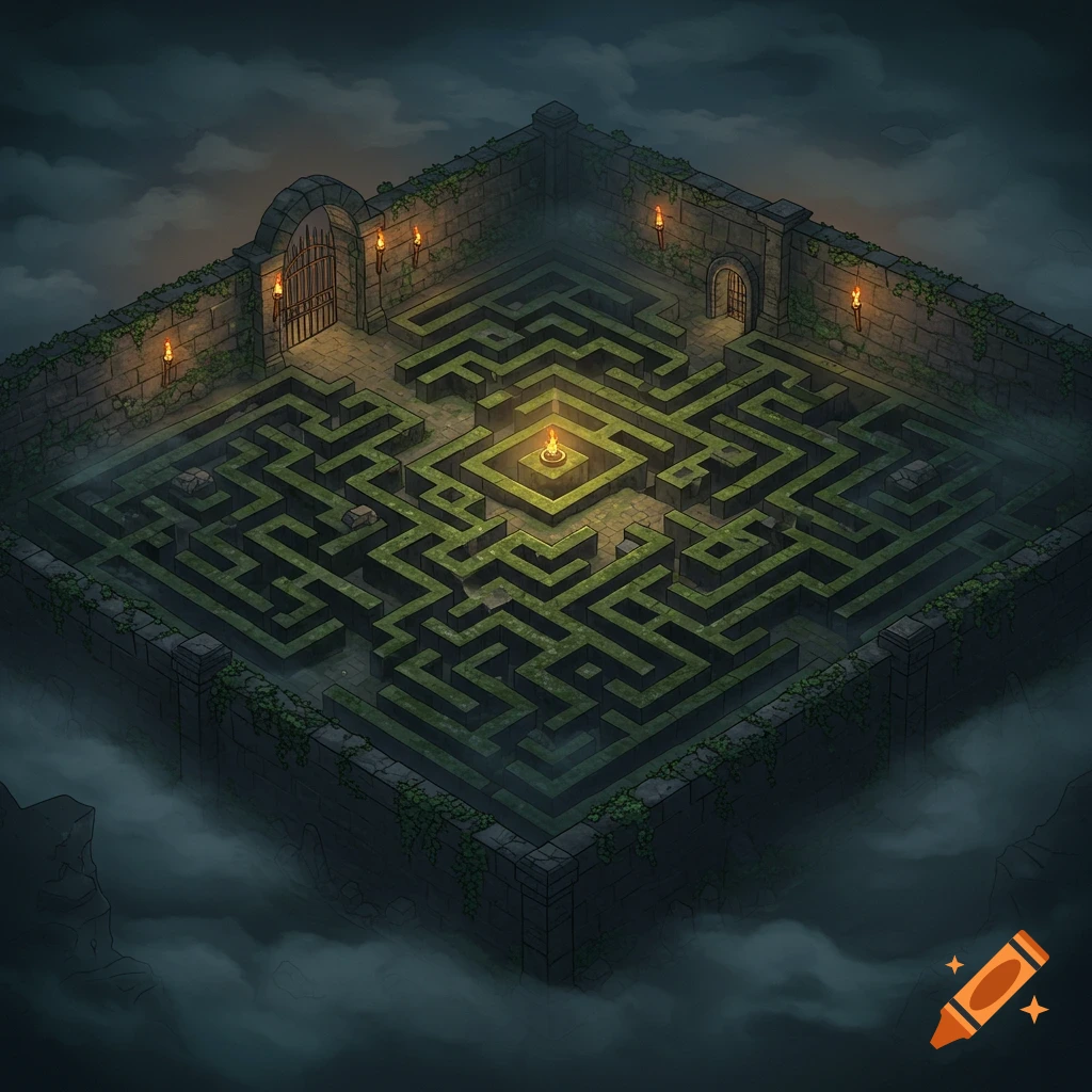Isometric view of a dark stone labyrinth with a glowing central light and torches, shrouded in mist under a cloudy sky.