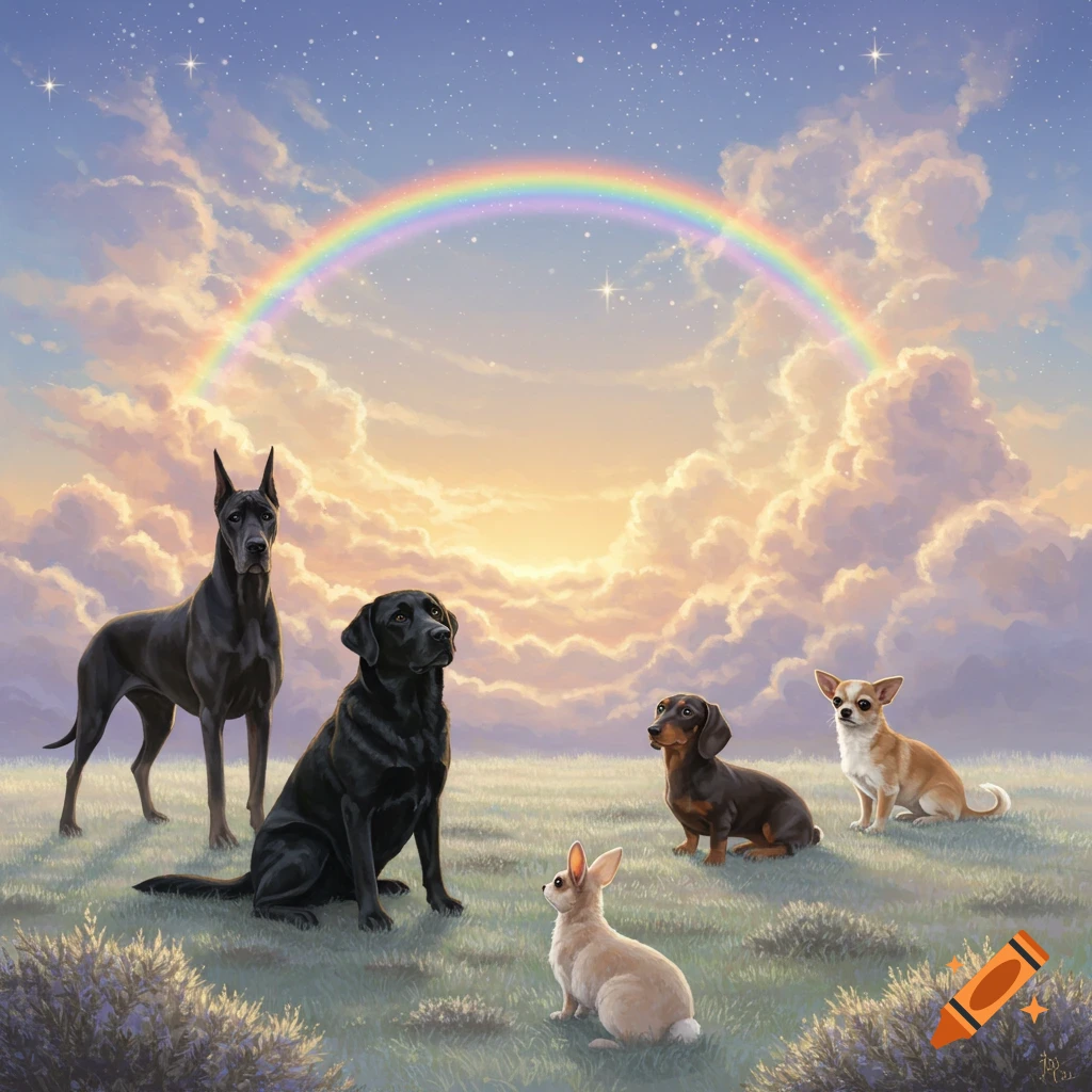 A digital painting of a Great Dane, black Labrador, Dachshund, Chihuahua, and a bunny in a grassy field under a rainbow in a cloudy, starry sky.